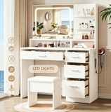 Makeup Vanity Desk Set with Padded Stool, White Dressing Table with 3 Color Lighted Mirror, Hair Dryer Holder, Power Outlet&Storage Drawers