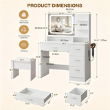 Makeup Vanity Desk Set with Padded Stool, White Dressing Table with 3 Color Lighted Mirror, Hair Dryer Holder, Power Outlet&Storage Drawers