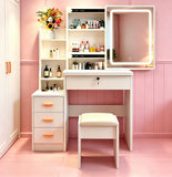 Makeup Vanity Set Compact Dressing Table with Cushioned Stool, 3 Color Lighted Mirror, Storage Drawers & Shelf, White