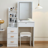 Makeup Vanity Set Compact Dressing Table with Cushioned Stool, 3 Color Lighted Mirror, Storage Drawers & Shelf, White