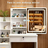 Makeup Vanity Set Compact Dressing Table with Cushioned Stool, 3 Color Lighted Mirror, Storage Drawers & Shelf, White