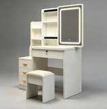 Makeup Vanity Set Compact Dressing Table with Cushioned Stool, 3 Color Lighted Mirror, Storage Drawers & Shelf, White