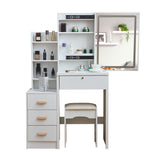 Makeup Vanity Set Compact Dressing Table with Cushioned Stool, 3 Color Lighted Mirror, Storage Drawers & Shelf, White