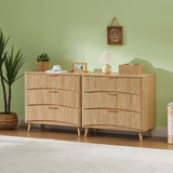 Fluted 3-Drawer Dresser Set of 2, Mid-Century Modern Storage Chest, Wood Nightstand Cabinet for Bedroom & Living Room