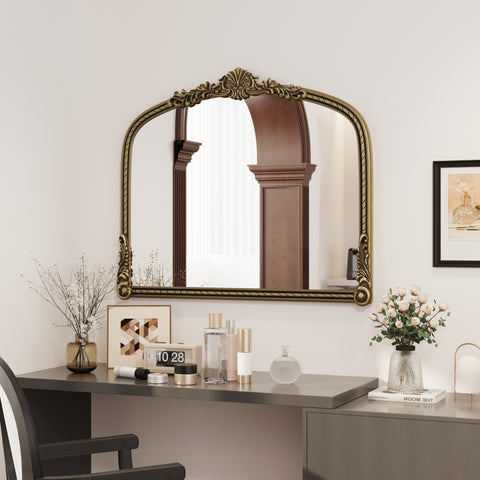 36.61" Vintage Arched Wall Mirror, Decorative Gold Relief Mirror with Ornate Frame for Living Room, Bedroom & Entryway