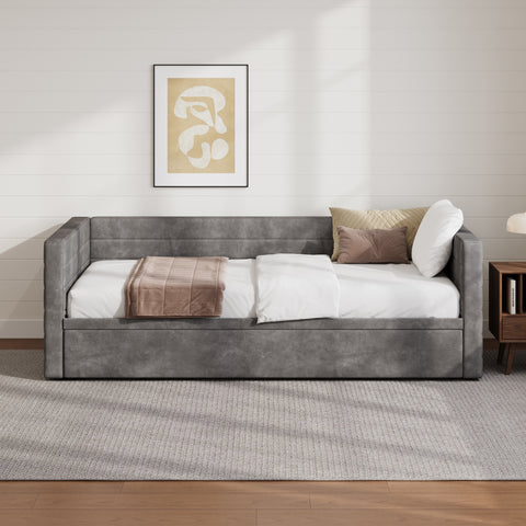 Twin Size Upholstered Daybed, Chenille Sofa Bed with Extended Trundle for Living Room, Guest Room, Apartment, Space-Saving