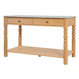 Farmhouse Kitchen Island with 4 Drawers, Solid Wood Legs & Marble-Look Top, Dining Table Coffee Bar Perch Kitchen Table, Natural