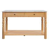 Farmhouse Kitchen Island with 4 Drawers, Solid Wood Legs & Marble-Look Top, Dining Table Coffee Bar Perch Kitchen Table, Natural