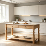 Farmhouse Kitchen Island with 4 Drawers, Solid Wood Legs & Marble-Look Top, Dining Table Coffee Bar Perch Kitchen Table, Natural