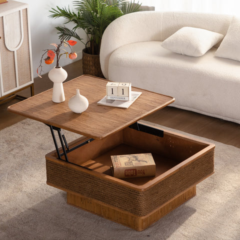 31.5" Coffee Table with Lift-Top Storage, Square Natural Wood Coffee Table with Hemp Rope Accent,Vintage Center Table for Living Room