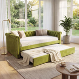 Twin Size Velvet Daybed Bed Upholstered Sofa Bed with Trundle, Comfortable Backrest and Curved Armrest,Modern Tufted Button Design, Green