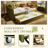 Twin Size Velvet Daybed Bed Upholstered Sofa Bed with Trundle, Comfortable Backrest and Curved Armrest,Modern Tufted Button Design, Green