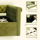 Twin Size Velvet Daybed Bed Upholstered Sofa Bed with Trundle, Comfortable Backrest and Curved Armrest,Modern Tufted Button Design, Green