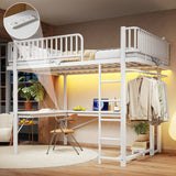 Queen Size Metal Loft Bed Frame with L-Shaped Desk, Charge Station, Computer Mainframe Tray & Hanging Area for Bedroom, Apartment