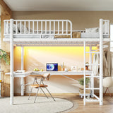 Queen Size Metal Loft Bed Frame with L-Shaped Desk, Charge Station, Computer Mainframe Tray & Hanging Area for Bedroom, Apartment