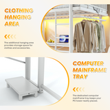 Queen Size Metal Loft Bed Frame with L-Shaped Desk, Charge Station, Computer Mainframe Tray & Hanging Area for Bedroom, Apartment