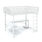 Queen Size Metal Loft Bed Frame with L-Shaped Desk, Charge Station, Computer Mainframe Tray & Hanging Area for Bedroom, Apartment