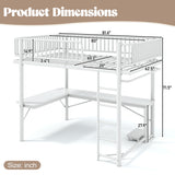 Queen Size Metal Loft Bed Frame with L-Shaped Desk, Charge Station, Computer Mainframe Tray & Hanging Area for Bedroom, Apartment
