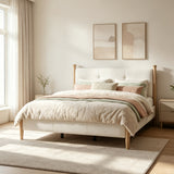 King Size Upholstered Platform Bed Frame with Tufted Soft Padded Headboard & Solid Wood Legs, Off White Boucle