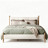 King Size Upholstered Platform Bed Frame with Tufted Soft Padded Headboard & Solid Wood Legs, Off White Boucle