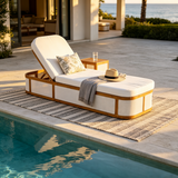 Outdoor Chaise Lounge with Adjustable Backrest, Water-Resist Cushion & Weather-Resist Frame, Patio Recliner Sunlounger Daybed, Teak&Beige