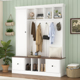 62.2" W Hall Tree with Shoe Storage Bench, Entryway Coat Rack with 5 Hooks, 3 Cabinets & Adjustable Shelf for Hallway, Living Room