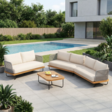 4-Piece Outdoor Patio Sectional Sofa Set, Acacia Wood and Woven Rope Conversation Set with Coffee Table and Beige Cushions