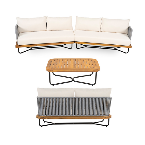 4-Piece Outdoor Patio Sectional Sofa Set, Acacia Wood and Woven Rope Conversation Set with Coffee Table and Beige Cushions