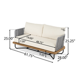 4-Piece Outdoor Patio Sectional Sofa Set, Acacia Wood and Woven Rope Conversation Set with Coffee Table and Beige Cushions