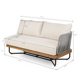 4-Piece Outdoor Patio Sectional Sofa Set, Acacia Wood and Woven Rope Conversation Set with Coffee Table and Beige Cushions