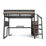 Full Size Metal Loft Bed Gaming Loft Bed Frame with Wardrobe, Pegboard, Storage Stair, USB Ports & LED Lights, Noise-reduced, Black