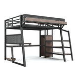 Full Size Metal Loft Bed Gaming Loft Bed Frame with Wardrobe, Pegboard, Storage Stair, USB Ports & LED Lights, Noise-reduced, Black