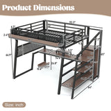 Full Size Metal Loft Bed Gaming Loft Bed Frame with Wardrobe, Pegboard, Storage Stair, USB Ports & LED Lights, Noise-reduced, Black