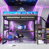 Full Size Metal Loft Bed Gaming Loft Bed Frame with Wardrobe, Pegboard, Storage Stair, USB Ports & LED Lights, Noise-reduced, Black