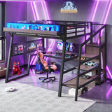 Full Size Metal Loft Bed Gaming Loft Bed Frame with Wardrobe, Pegboard, Storage Stair, USB Ports & LED Lights, Noise-reduced, Black