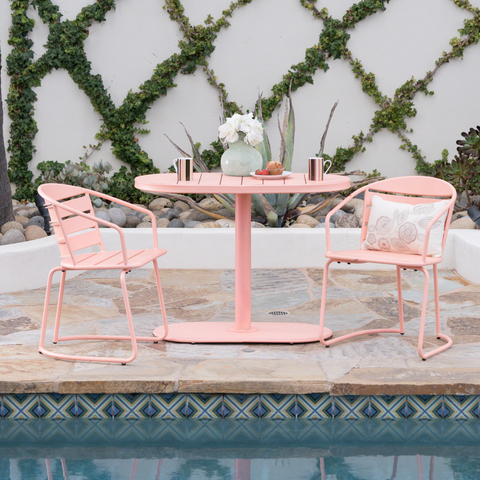 3-Piece Outdoor Iron Bistro Dining Set, Retro Oval Cafe Table & 2 Slat Panel Patio Chairs Center