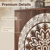 Vintage Mandala Carved Accent Cabinet with Adjustable Shelf, Boho Buffet Storage Credenza Sideboard Entryway Console Table