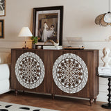 Vintage Mandala Carved Accent Cabinet with Adjustable Shelf, Boho Buffet Storage Credenza Sideboard Entryway Console Table