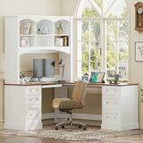 Farmhouse L-Shaped Computer Desk with Hutch & File Drawers, Corner Office Desk with Keyboard Tray & Charging Stations