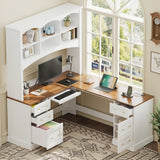 Farmhouse L-Shaped Computer Desk with Hutch & File Drawers, Corner Office Desk with Keyboard Tray & Charging Stations