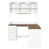 Farmhouse L-Shaped Computer Desk with Hutch & File Drawers, Corner Office Desk with Keyboard Tray & Charging Stations