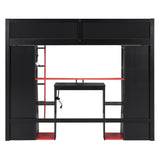 Full Size Wood Gaming Loft Bed with Desk, LED Light, Charging Station & Built-in Wardrobe for Bedroom, Apartment