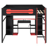Full Size Wood Gaming Loft Bed with Desk, LED Light, Charging Station & Built-in Wardrobe for Bedroom, Apartment