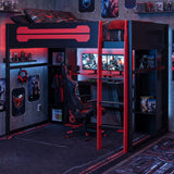 Full Size Wood Gaming Loft Bed with Desk, LED Light, Charging Station & Built-in Wardrobe for Bedroom, Apartment