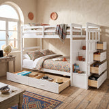 Twin Over Twin Bunk Bed Frame with Drawers & Storage Staircase for Kids/Teens/Adults