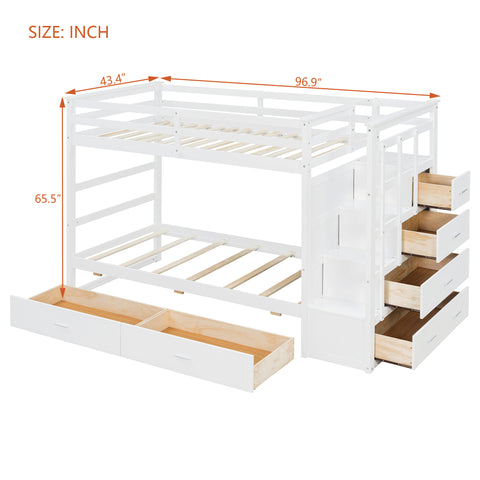 Twin Over Twin Bunk Bed Frame with Drawers & Storage Staircase for Kids/Teens/Adults