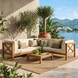 Patio Sectional Sofa Set with Coffee Table & Water-Resistant Cushions, Outdoor L-Shaped Lounge Sofa Garden Conversation Seating Set, Beige