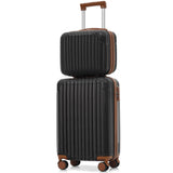 2pcs 20'' Carry On Luggage & 14'' Cosmetic Case, Hardshell Lightweight ABS Suitcase Set with TSA Lock & 360° Spinner Wheels, Black Brown
