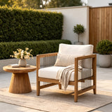 Weather-Resistant Outdoor Armchair with Soft Cushion, Modern Rope Patio Accent Chair Garden Club Chair Backyard Lounge Chair, Teak+Beige