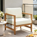 Weather-Resistant Outdoor Armchair with Soft Cushion, Modern Rope Patio Accent Chair Garden Club Chair Backyard Lounge Chair, Teak+Beige